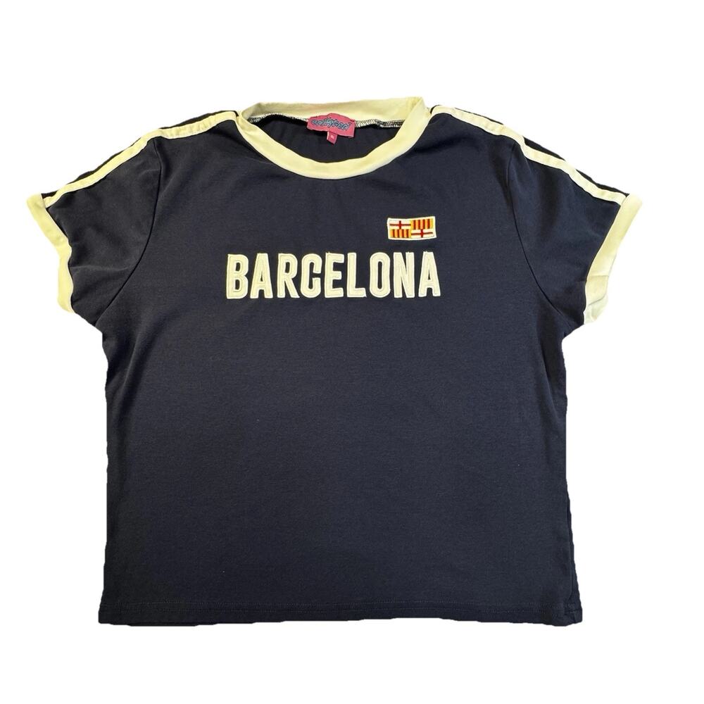 Y2K Barcelona Ringer Tee Women’s XL Navy White Trim Graphic Shirt Retro -425